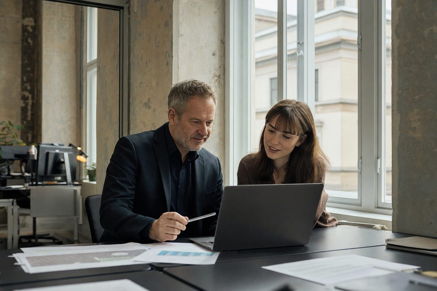 Zwei Personen im Büro besprechen am Laptop die offene Stelle