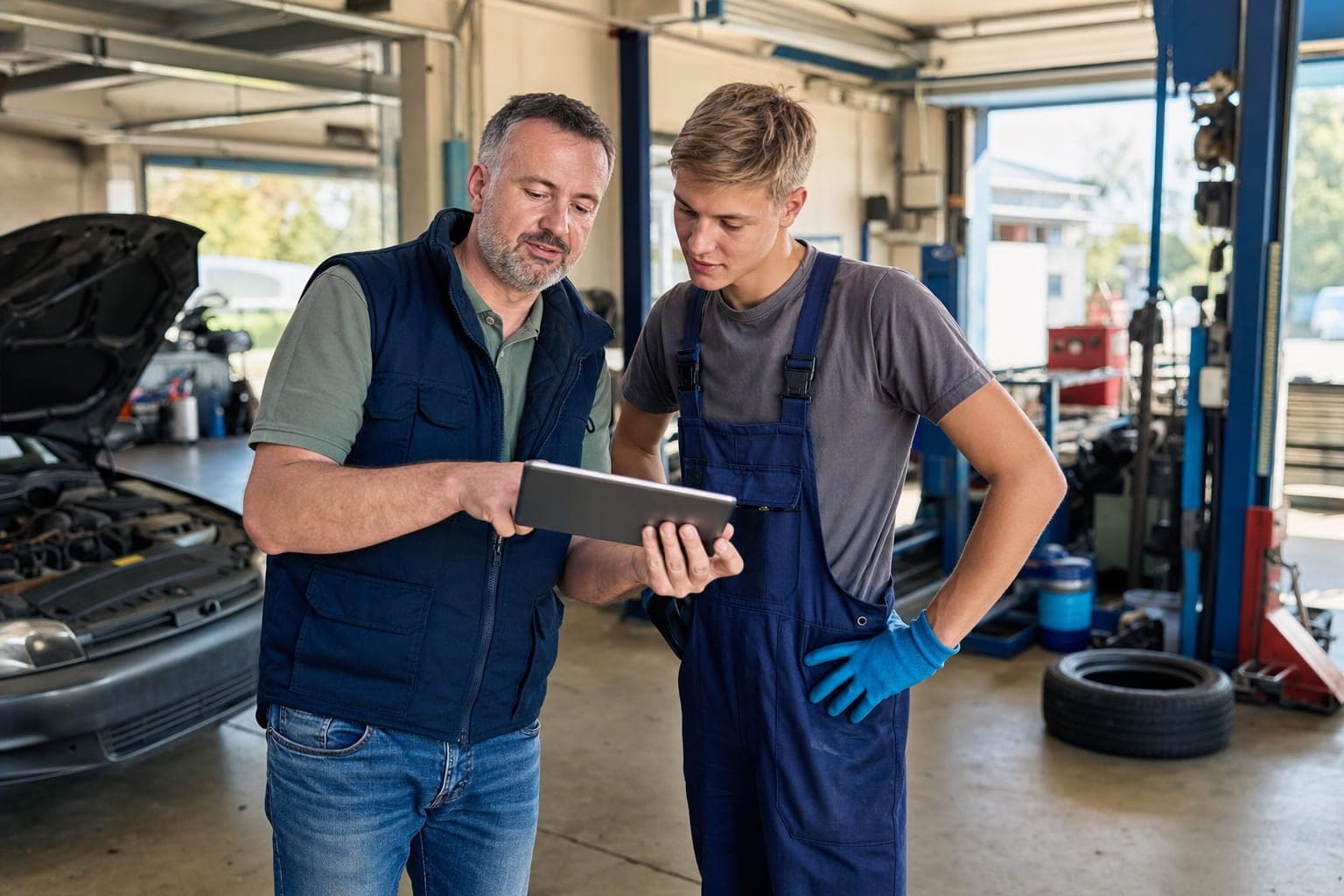Betriebsinhaber und neue Fachkraft am Tablet in der Werkstatt