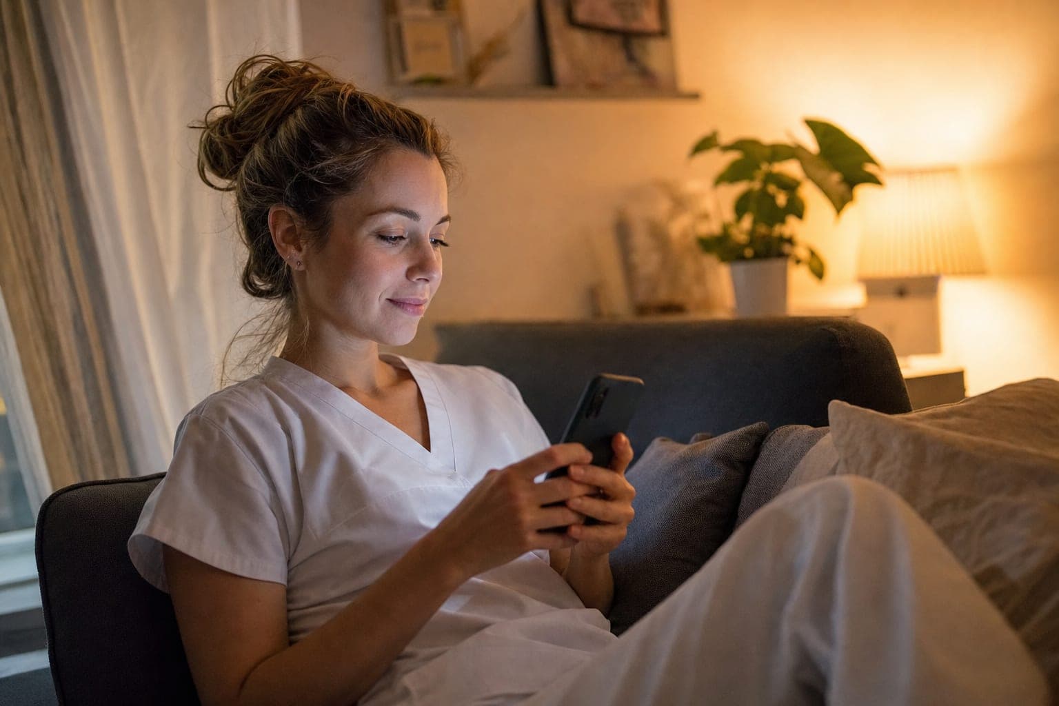 Fachkraft zuhause auf dem Sofa mit dem Telefon in der Hand