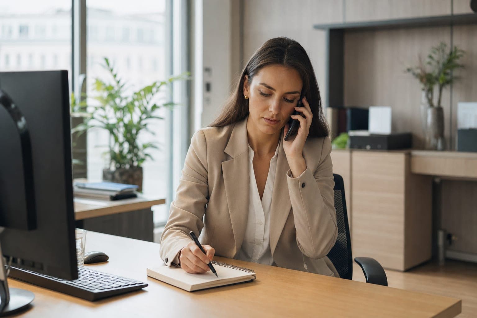 Recruiterin im Telefonat mit Notizblock am Schreibtisch